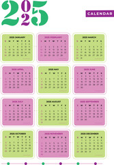 Colorful calendar 2025 Vector. The week starts on Sunday. Calendar layout. Stationery template with 12 months. Annual quadratic organizer, English.