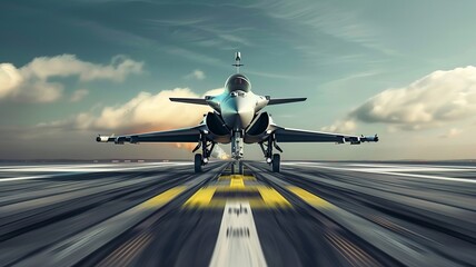 Fototapeta premium A fighter plane roaring down the runway, ready for takeoff , Futuristic , Cyberpunk