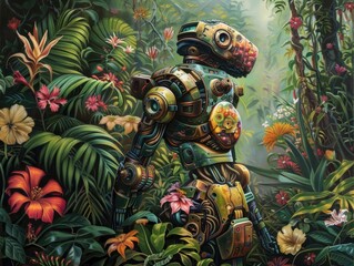 Capture the intricate fusion of biomechanics & nature in a mesmerizing oil painting Depict a robotic jungle creature from behind