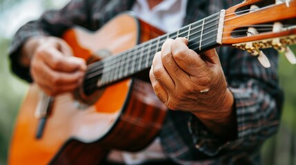 Elderly man in suit playing acoustic guitar for traditional live music performance