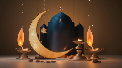 Unveiling the symbols of Eid al Adha, star and crescent, Kaaba, and oil lamps mockup template