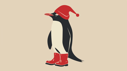 Red silhouette of penguin with boots and christmas ha