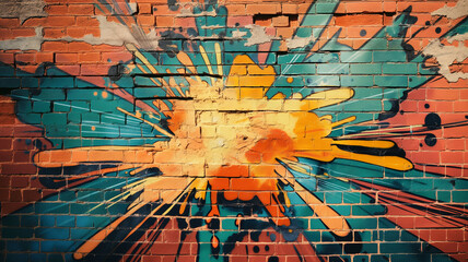 Pop art comic street graffiti with explosion symbol on brick wall. Retro poster concept.