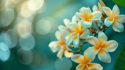 Intimate close-up of tropical Plumeria flowers, showcasing their intricate details and lush background, ideal for clarity in ads