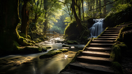 Landscape with bamboo tree and waterfall with footpath and sunlight