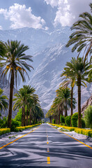 Fototapeta premium An asphalt road with palm trees on the sides.