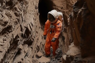 Astronaut in full gear walks through a narrow canyon simulating a martian landscape
