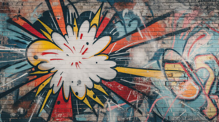 Pop art comic street graffiti with explosion symbol on brick wall. Retro poster concept.