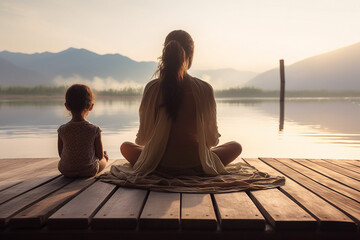 Fototapeta premium Generative AI illustration happy yoga person enjoying medication in natural wild conditions beautiful view
