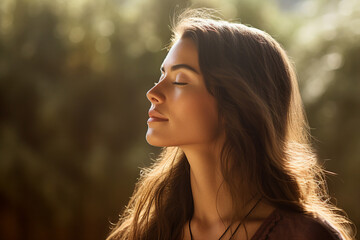 Generative AI illustration happy yoga person enjoying medication in natural wild conditions beautiful view