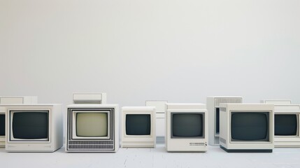 Legacy computer systems showcased in a white minimalist studio highlighting retro elegance