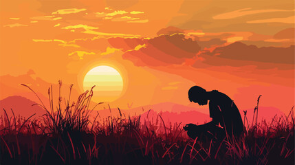 Religious man praying outdoors at sunset Vector style