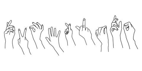 Set of female hand icons. Vector illustration of female hands with different gestures - Fuck You, Lucky. Lineart in a trendy minimalist style.On a white Background..Female hands collection, logo