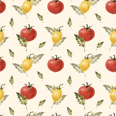 Watercolor vegetables seamless pattern. Fresh healthy food, yellow and red tomatoes on a beige background. Kitchen textiles. Agriculture, local farmers market, diet, organic cooking illustration.