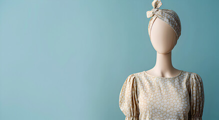 Beige fashion mannequin in boutique on minimal background for copy.