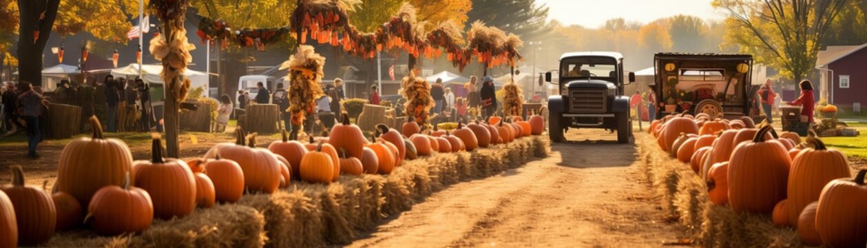 Tractor trailer full of pumpkins at a pumpkin farm