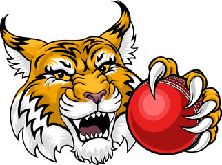 A wildcat or bobcat with a cricket ball animal sports team mascot