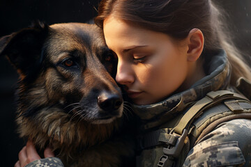 Portrait of a professional soldier in military uniform hugging dog generative AI