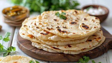 A stack of homemade Indian flatbread naan on a wooden board with cilantro and spices.