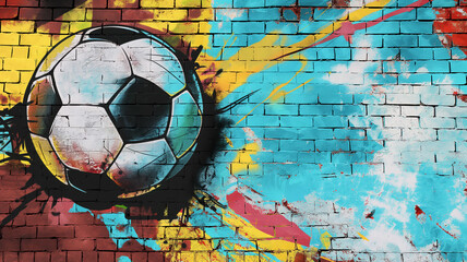 Pop art comic street graffiti with football on brick wall. Retro poster concept. Football...