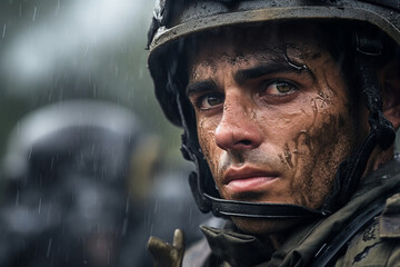 Obraz premium Portrait of a european army soldier AI generative concept