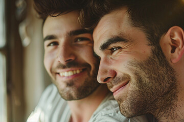 Obraz premium AI generated image of a happy beautiful lgbt couple handsome men spending time at home together