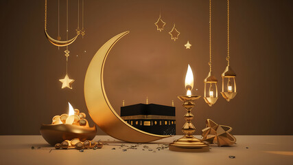 Unveiling the symbols of Eid al Adha, star and crescent, Kaaba, and oil lamps mockup template