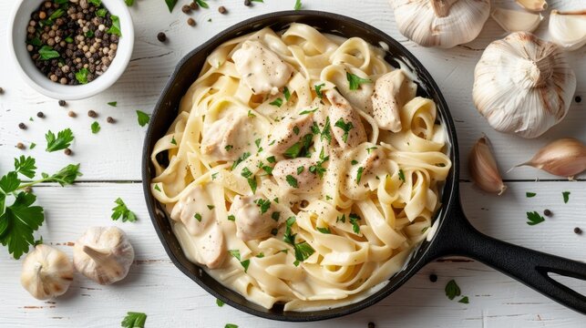 Creamy Chicken Pasta with Garlic and Herbs in a Cast Iron Skillet on a Rustic Wooden Table