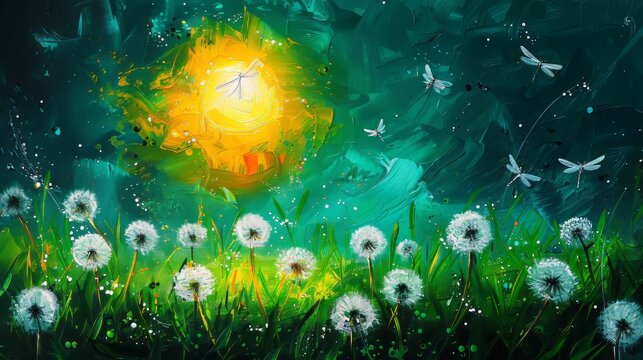 "Acr&Atilde;&shy;lico sobre lienzo. Diente de le&Atilde;&sup3;n con semillas voladoras y lib&Atilde;&copy;lulas sobre un fondo verde oscuro. Cuadro pintado a mano."