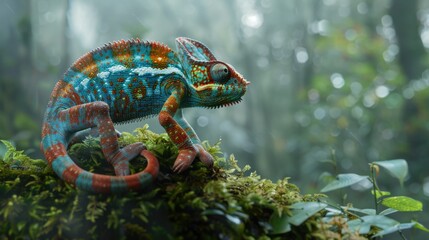 Misty Forest Encounter Chameleon's Multicolored Scales Perched on Moss
