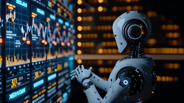 Robot Standing in Front of Computer Screen and analyzing trading data or managing investments in the cryptocurrency market