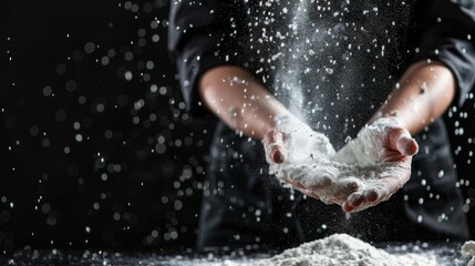 Fototapeta na wymiar background chef hand clap with splash of white flour 