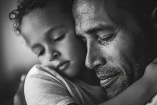 A man in black and white embraces a child in a warm hug, demonstrating love and affection