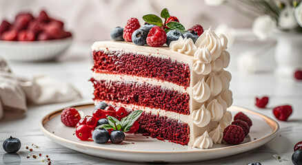 Red velvet cake decorated with fresh berries.