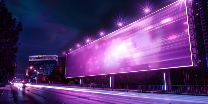 Neon LED Billboard Mockup In Vegas With Blank Space For Advertising. Concept Billboard, Neon Lights, Mockup, Las Vegas, Advertising