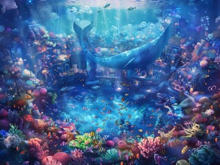 Craft a mesmerizing aerial view of an enchanted underwater symphony Vividly render coral reefs as grand concert halls