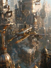 Craft a scene of the Steampunk aviator soaring high above a bustling industrial metropolis