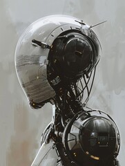 Craft a stunning frontal view of a futuristic robot composing poetry, blending sleek metal textures with elegant calligraphy in a digital painting