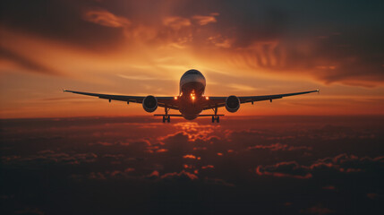 Naklejka premium A plane ascends at dawn, bound for another city or country. Its silhouette against the rising sun hints at the journey ahead, full of promise and discovery.