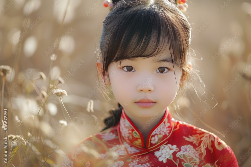 Sticker young girl in a vibrant red traditional dress stands in a field, her innocence framed by soft, natur