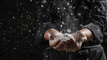 Fototapeta premium background chef hand clap with splash of white flour 