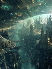 Imagine a panoramic view of a futuristic metropolis on an alien planet
