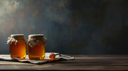 Jars with honey on wooden table against dark background - Powered by Adobe
