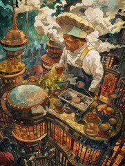Imagine a whimsical scene featuring a timetraveling chef incorporating traditional customs into futuristic culinary arts from a high-angle perspective Employ rich textures and vivi