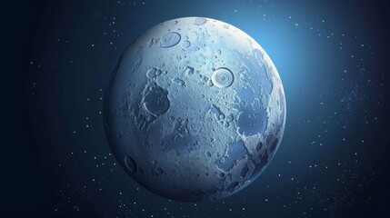 3D cartoon modern illustration of Pluto, a spherical planet with gray illuminated surface and craters, isolated on a dark blue galaxy background.