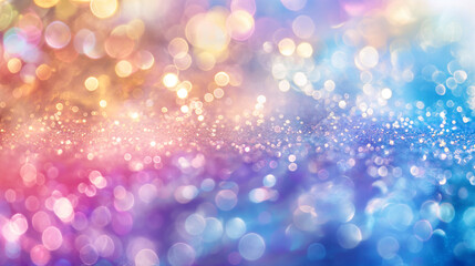 Abstract blur shiny bokeh banner background. Pastel pink, purple and gold colors. Pale pink bokeh background