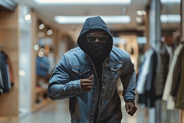 African american man thief stealing shirt and running from modern boutique. Thief wearing hood and sunglasses not to be recognized by store workers in shopping centre. Burglary concept