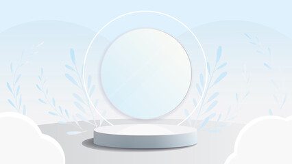 White stand with light rim on a light blue background,mock up podium for product presentation,2d  illustration