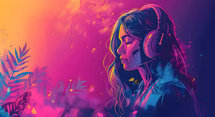 Illustration of a Woman immersed in podcasting.