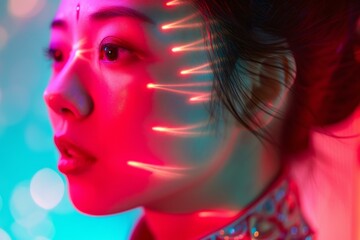 Closeup of an asian woman's face illuminated by vibrant neon lights at night